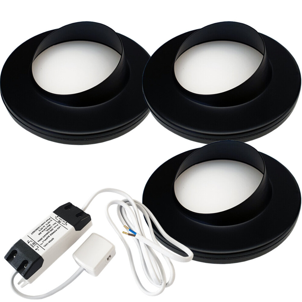 (3 Lights & Driver) MATT BLACK Slim Round Angled Under Cabinet Light & Driver - Warm White LED