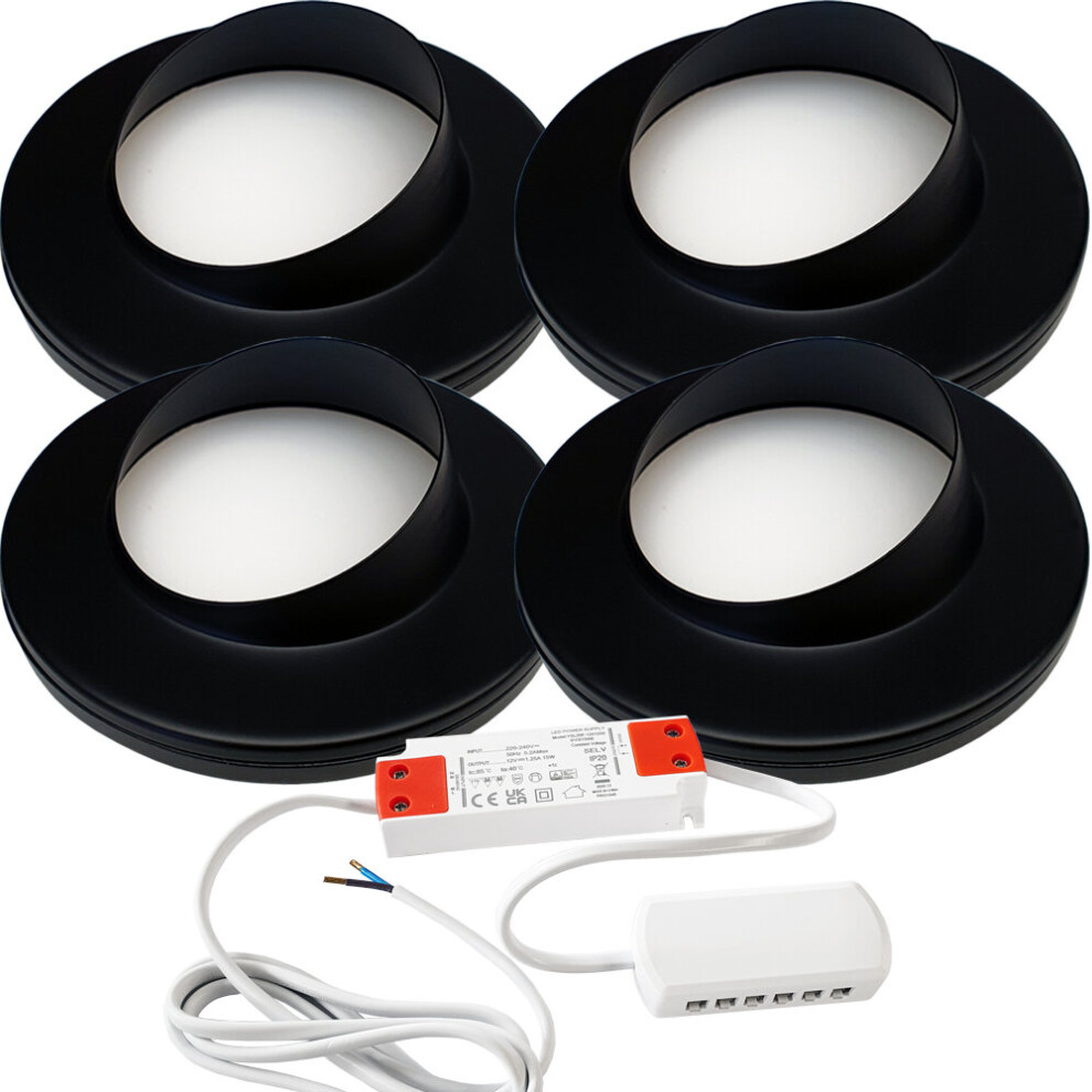 (4 Lights & Driver) MATT BLACK Slim Round Angled Under Cabinet Light & Driver - Warm White LED