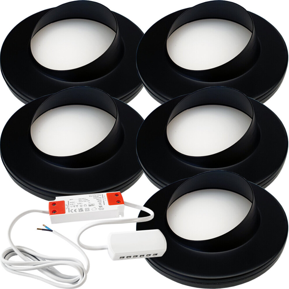 (5 Lights & Driver) MATT BLACK Slim Round Angled Under Cabinet Light & Driver - Warm White LED