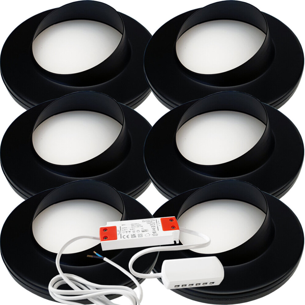 (6 Lights & Driver) MATT BLACK Slim Round Angled Under Cabinet Light & Driver - Warm White LED