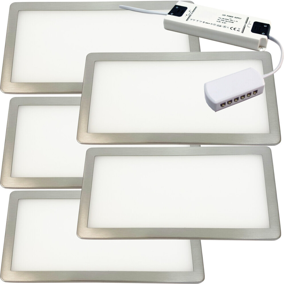 5x BRUSHED NICKEL Ultra-Slim Rectangle Under Cabinet Kitchen Light & Driver Kit - Warm White Diffused LED