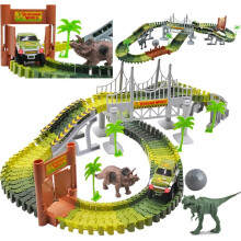 Slot Car Race Track Sets Jurassic Dino World Flexible Race Track, Wooden Bridge, Ball & Car with Light Play Set