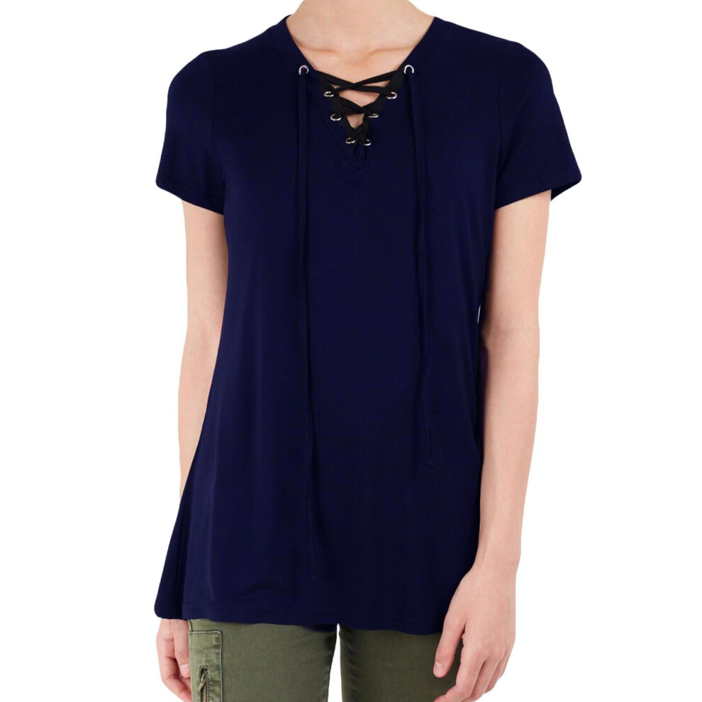 (Navy, S) Women T Shirt Short Sleeve Lace Up Longline Blouse