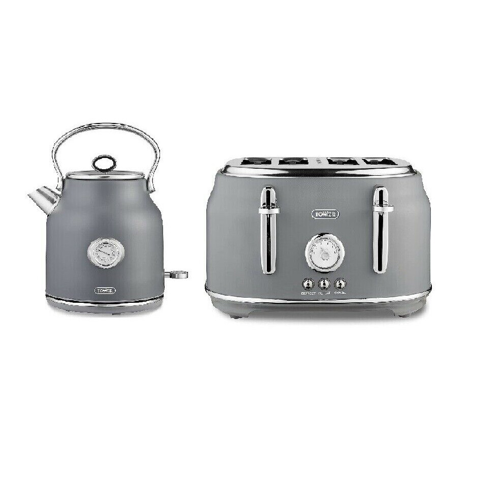 Tower Renaissance 1.7 Litre 3kW Quiet Boil Kettle and 4 Slice Toaster  Matt Grey