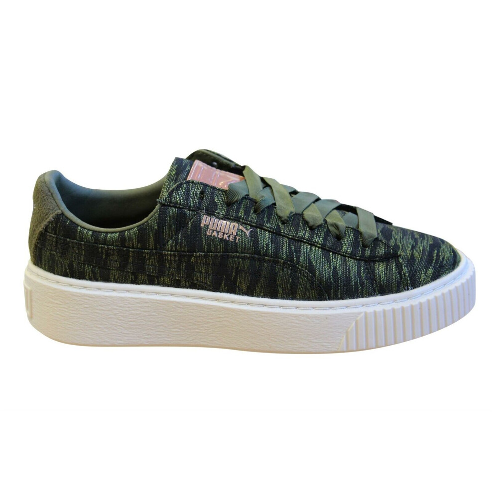 (4 (Adults')) Puma Basket Platform Velvet Rope Olive Low Lace Up Womens Trainers 364092 01