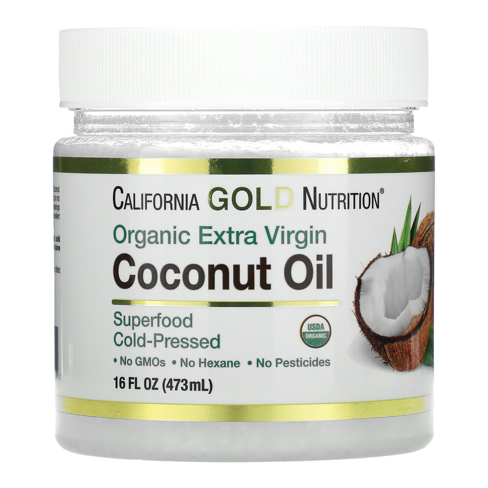 California Nutrition Organic Extra Virgin Coconut Oil, Unrefined, Cold-Pressed, 16 Fl Oz (473 Ml) Gold