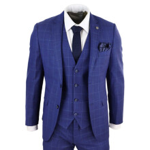 (38) Mens 3 Piece Royal Blue Check Vintage Retro Suit