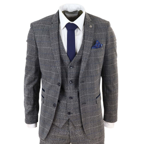 (36) Mens 3 Piece Grey With Blue Check Vintage Suit