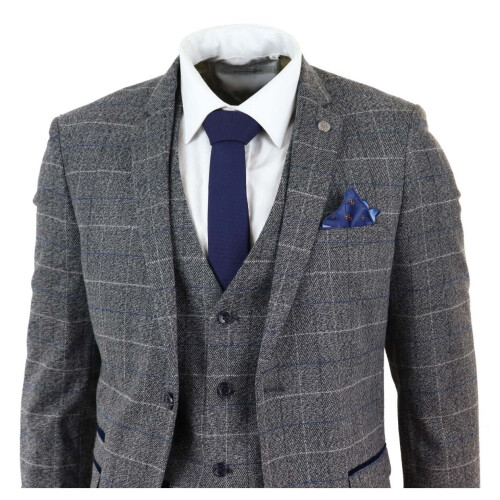 (36) Mens 3 Piece Grey With Blue Check Vintage Suit 2