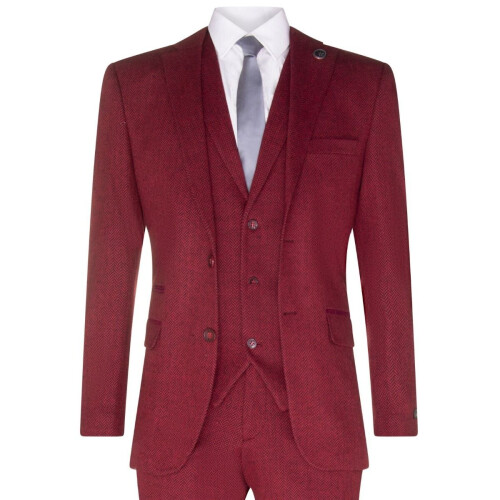 (44) Mens 3 Piece Wine Herringbone Wool Twed Retro Suit