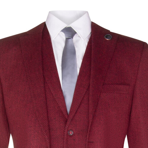 (44) Mens 3 Piece Wine Herringbone Wool Twed Retro Suit 1