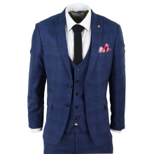 (36) Mens 3 Piece Blue Birdseye Check Classic Suit