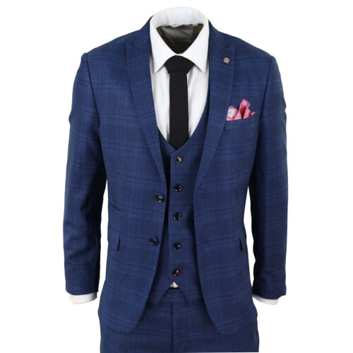 (36) Mens 3 Piece Blue Birdseye Check Classic Suit