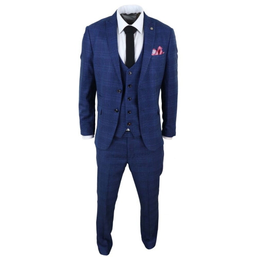 (36) Mens 3 Piece Blue Birdseye Check Classic Suit 1