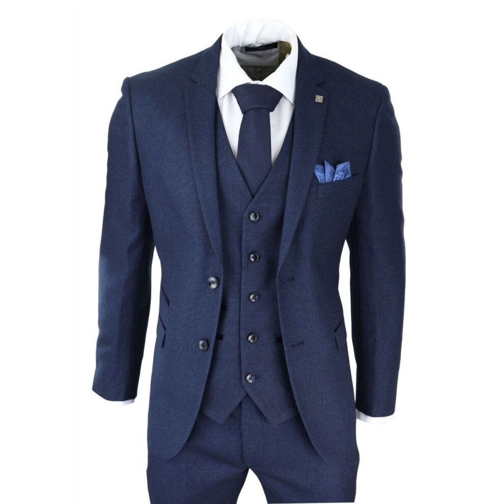 (38) Mens 3 Piece Navy Blue Birdseye Tweed Classic Suit