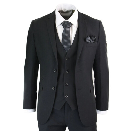 (46) Mens 3 Piece Plain Black Classic Retro Suit