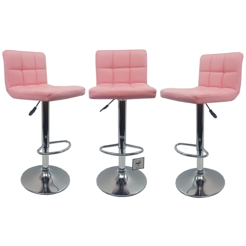 Millies Design 3 X Pink "Modena" Faux Leather Bar Stools, Swivel Height Adjustable Set Of 3 Pink,Silver