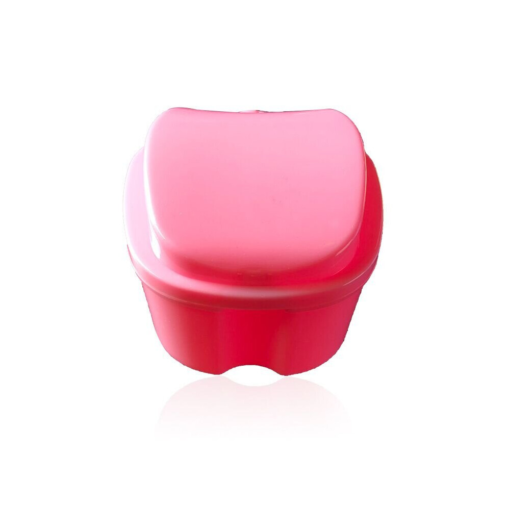 (Pink) Denture Bath Box Cases Dental False Teeth Storage With Hanging Net Container