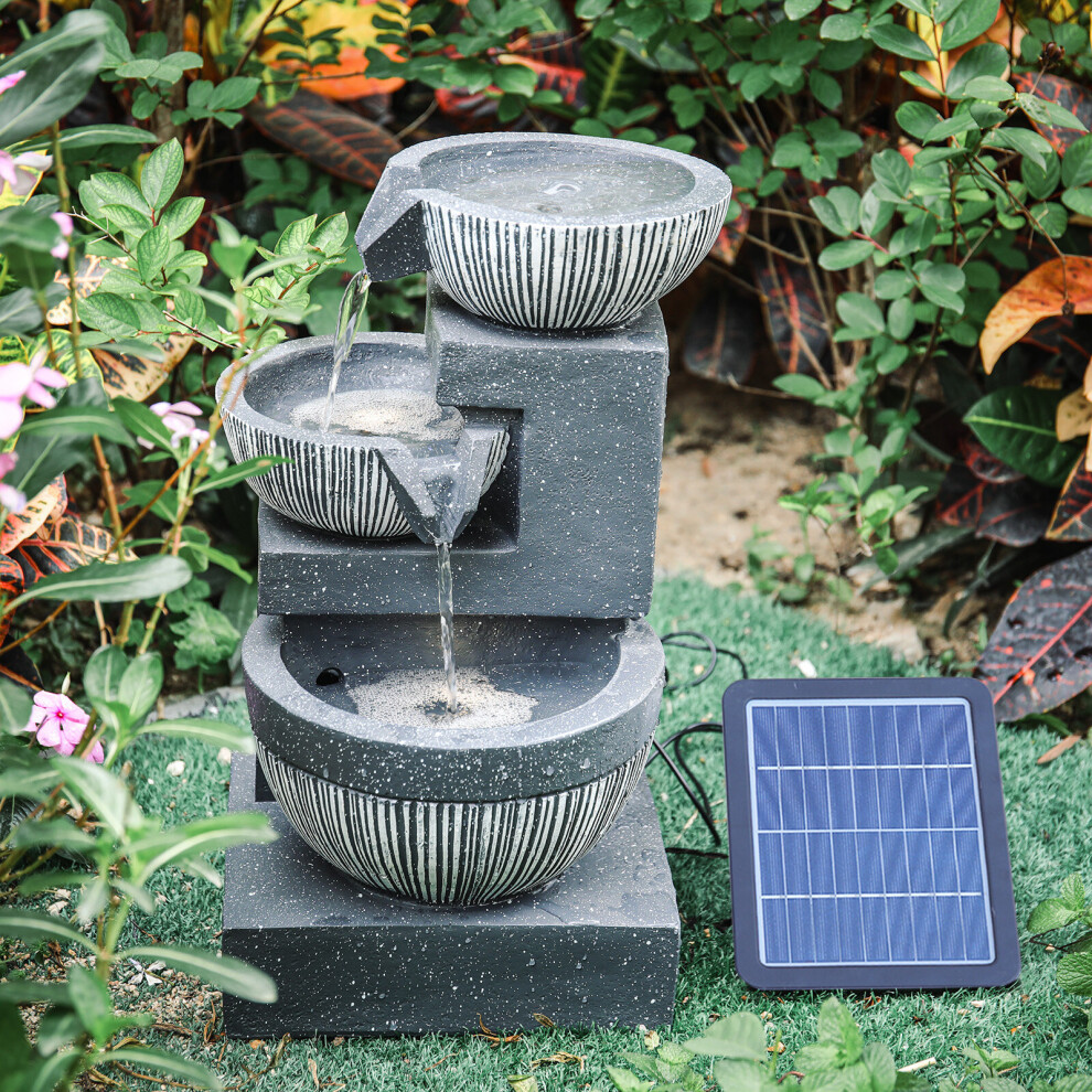 3 Tier Outdoor Garden Resin Solar Water Feature Deep Bowl LED Fairy Fall Fountain