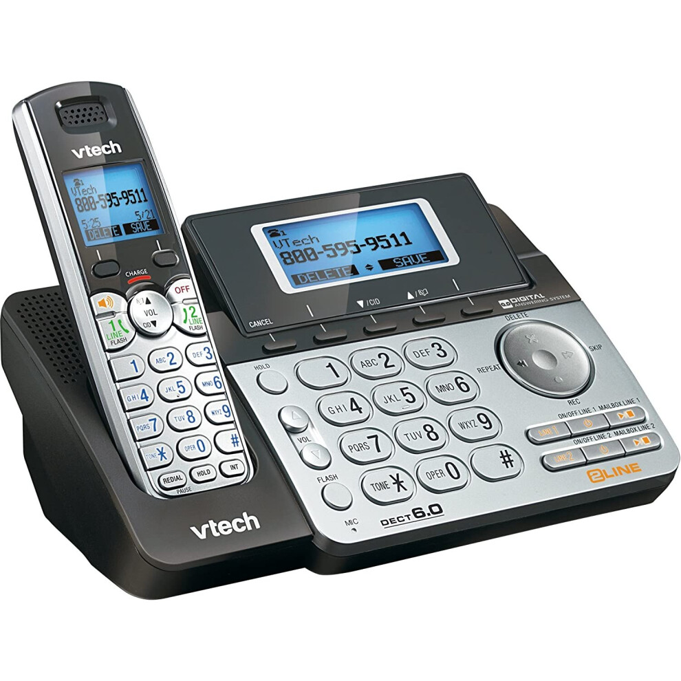 VTech DS6151 2-Line Cordless Phone System for Home or Small Business with Digital Answering System & Mailbox on each line, Black/silver 5" x ..