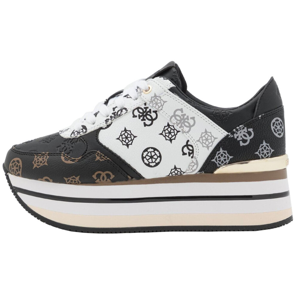(7 UK 40 EU 9.5 US) Guess Hindle 4g Peony Logo White Black Faux Leather Womens Platform Trainers