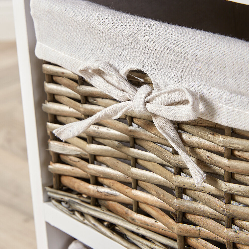 White wooden storage unit deals with wicker baskets