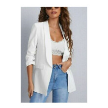 (Cream, S) Ladies Women Ruched Sleeve Fully Lined Blazer Collared Casual Formal Top Jacket