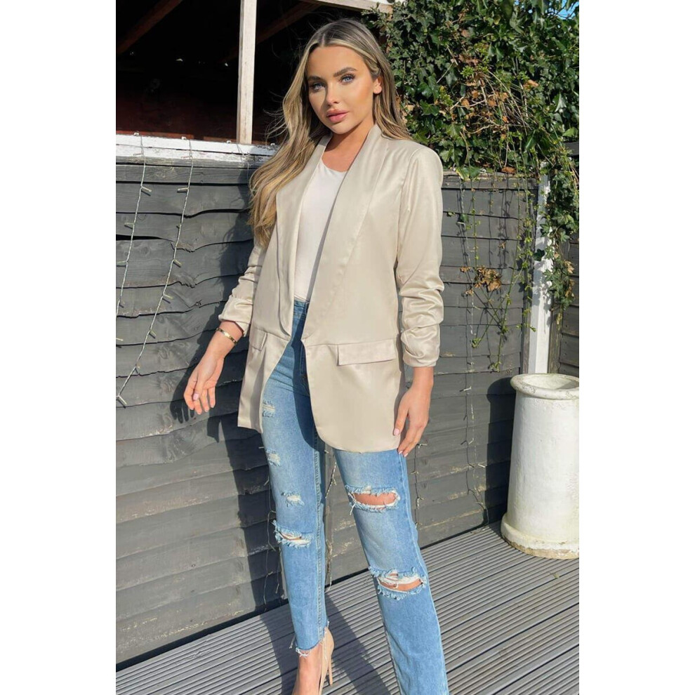 (Stone, S) Ladies Women Ruched Sleeve Fully Lined Blazer Collared Casual Formal Top Jacket