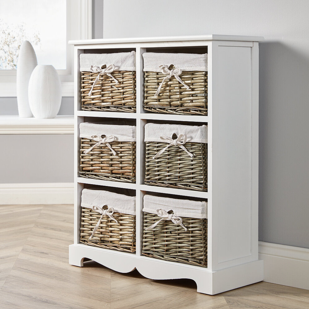 White Wooden 6 Drawer Chest Storage Unit Willow Wicker Baskets Fully Assembled