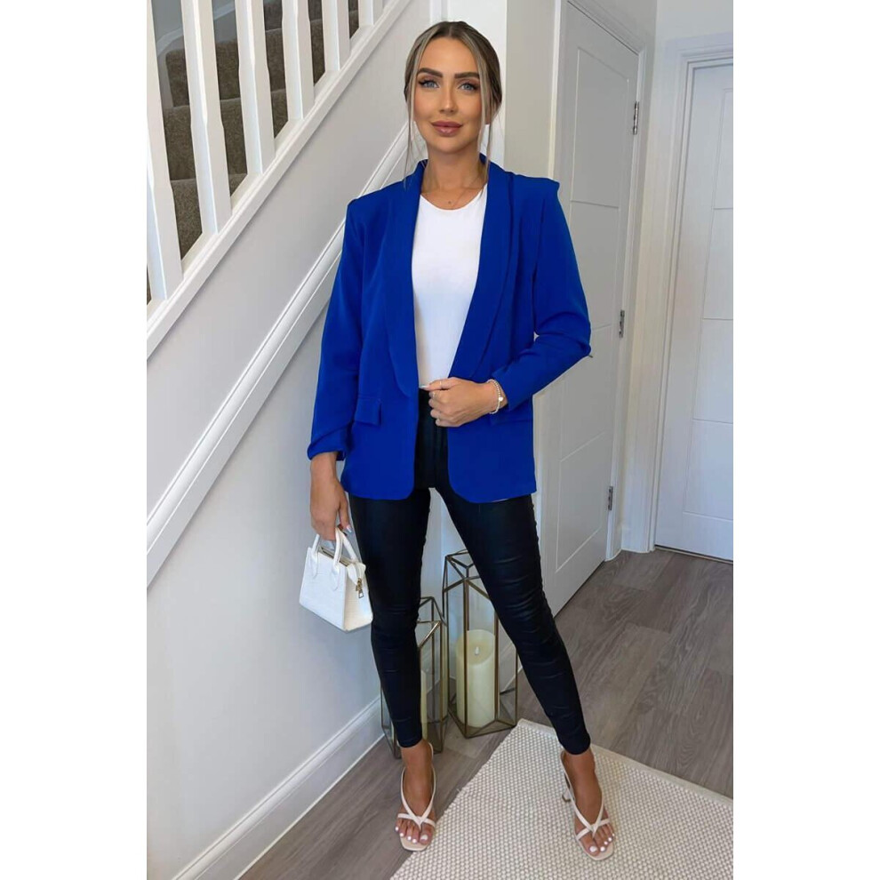 (Royal Blue, M) Ladies Women Ruched Sleeve Fully Lined Blazer Collared Casual Formal Top Jacket