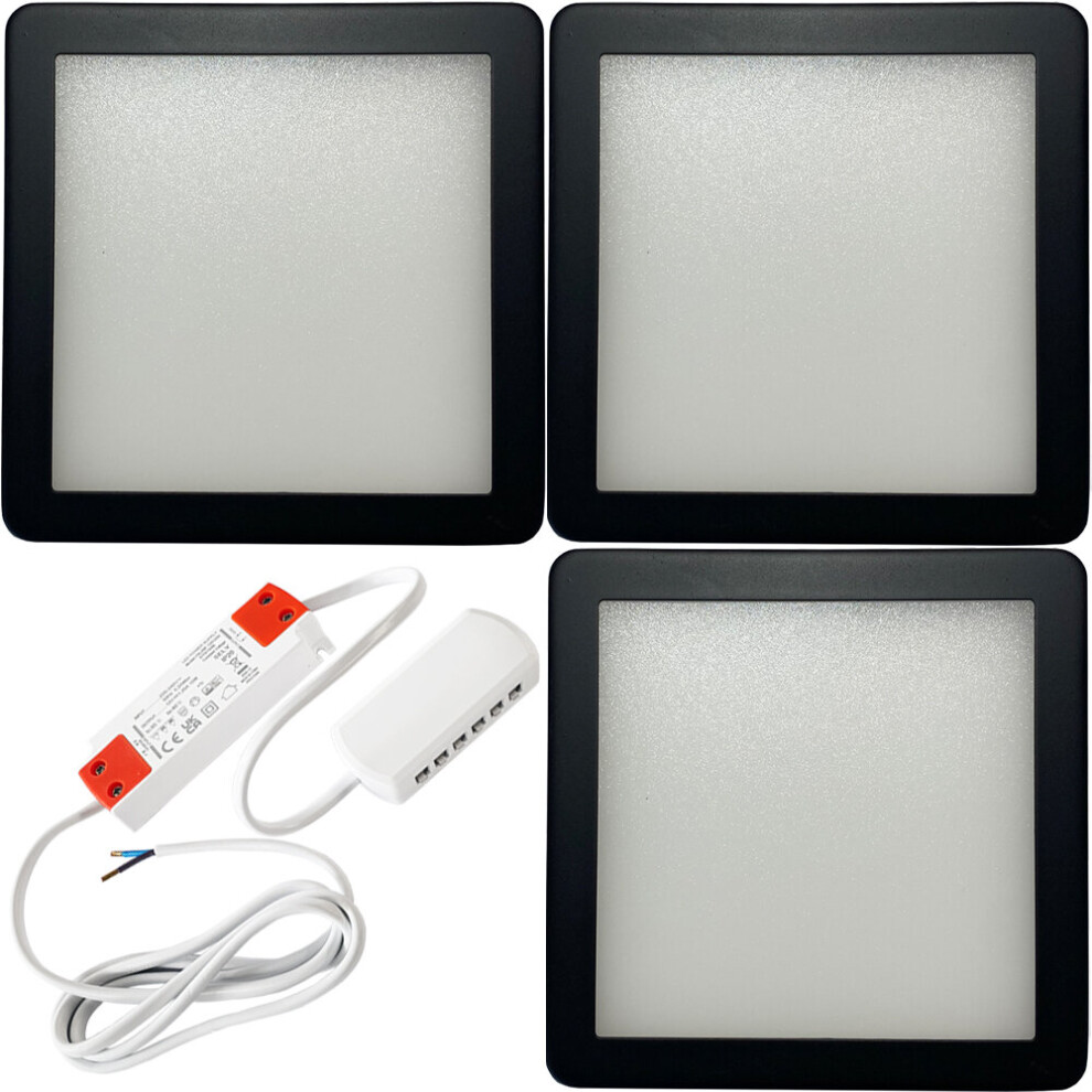 (3 Lights & Driver) MATT BLACK Slim Square Under Cabinet Down Light & Driver Kit - Warm White LED