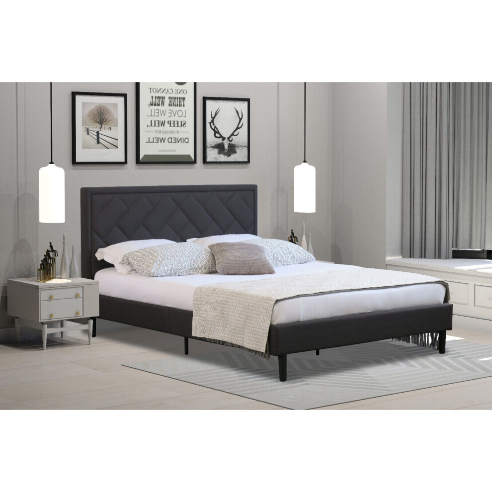 (Dark Grey, 4ft6 Double) Padded Headboard Light Grey Dark Grey Fabric Bed Frame 4ft6 5ft Double King