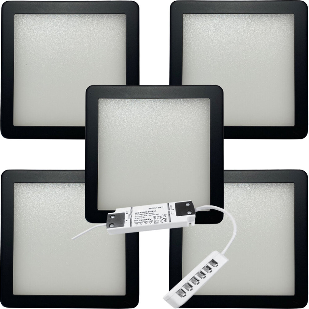 5x MATT BLACK Ultra-Slim Square Under Cabinet Kitchen Light & Driver Kit - Natural White Diffused LED