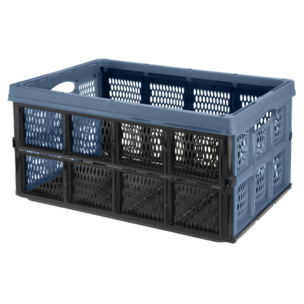 (Blue ) Large 32L Folding Collapsible Plastic Storage Crate Box Stackable Baskets Garage