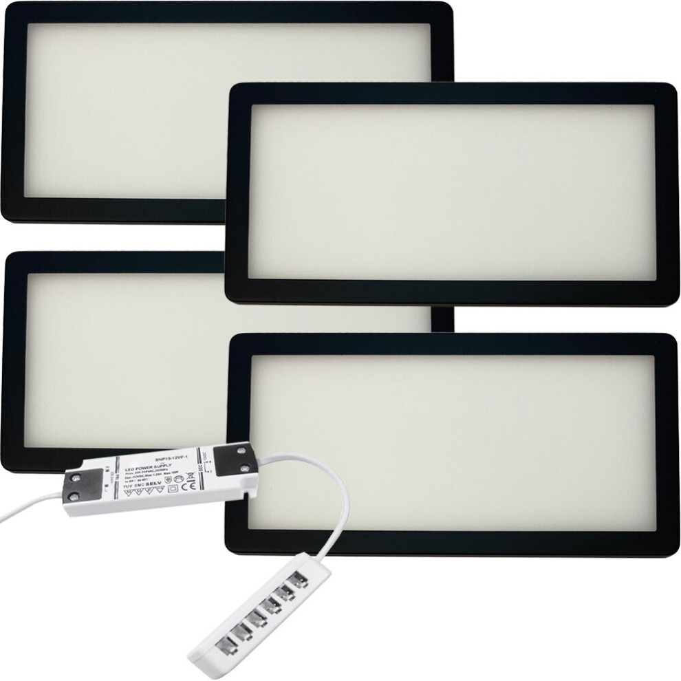 4x MATT BLACK Ultra-Slim Rectangle Under Cabinet Kitchen Light & Driver Kit - Natural White Diffused LED