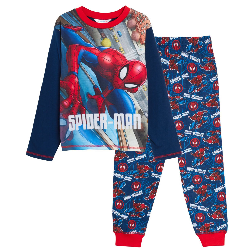 (7-8 Years) Boys Marvel Spiderman Pyjamas Kids Avengers Pjs Full Length Lounge Pants + Top