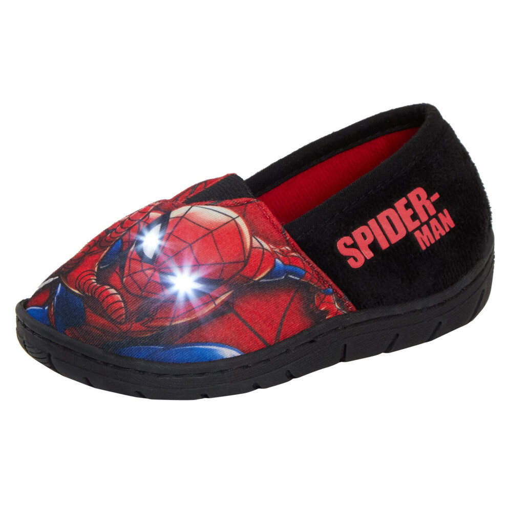 (10 UK Child) Boys Spiderman Light Up Flashing Slippers Kids Marvel Mule Nursery House Shoes