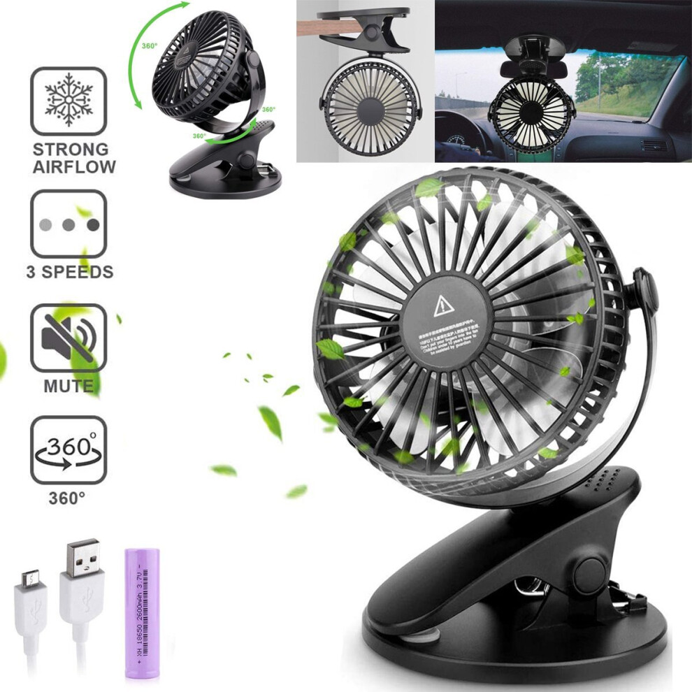 CZHONG-3 Speeds USB Rechargeable Clip Table Fan Mini Clamp Fan 360 Air Cooler