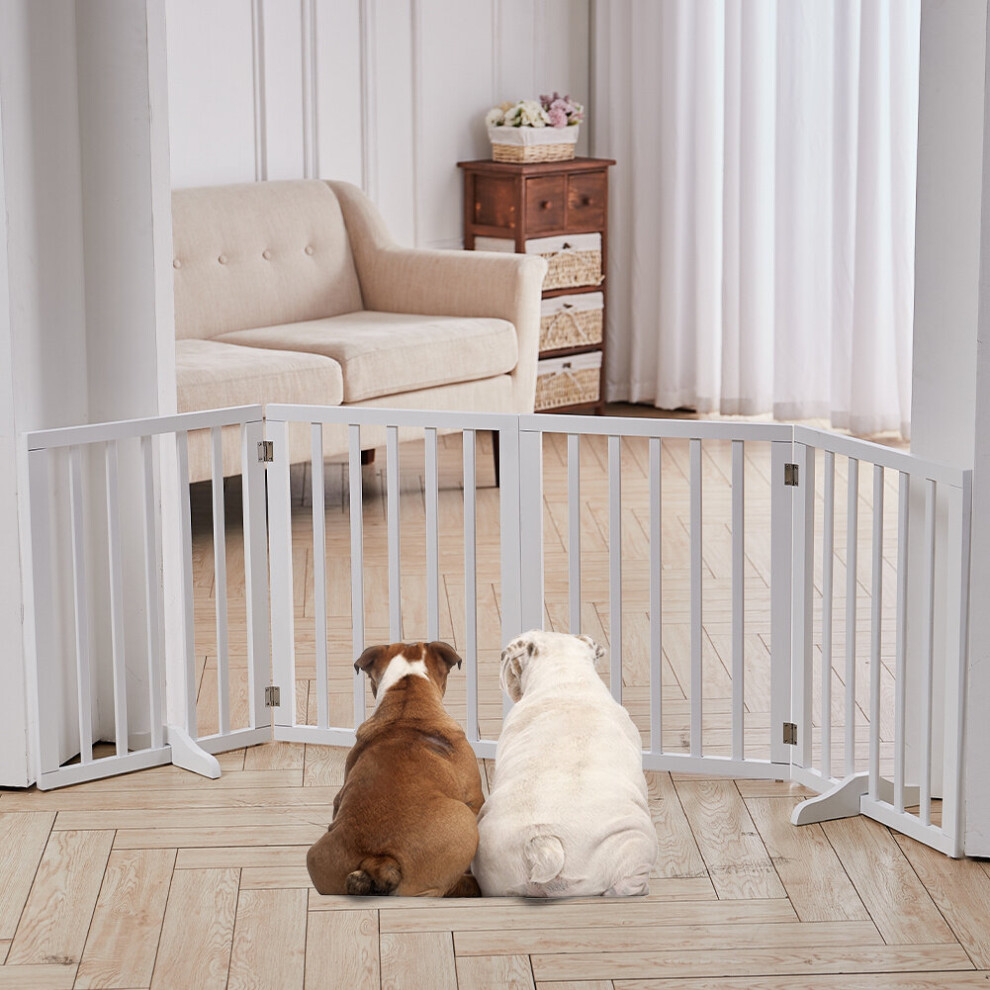 (4 Panels - White) Wooden Dog Gate Pet Fence Safety Barrier Divider Freestanding