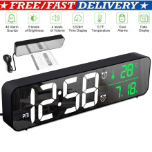 Digital Alarm Clock with LED Mirror Display - Mains-Powered Bedside Clock, Dual Alarms, 40 Songs, Temperature, Date, 12/24H, Snooze