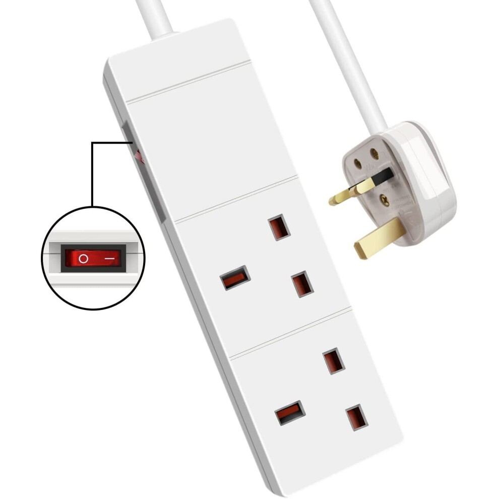 EXTRASTAR 2 Gang Extension Lead with Led Indicator and Side Switch in White, 2M Extension Cord 13A UK Plug Max 3120W, 2 Socket Power Strip
