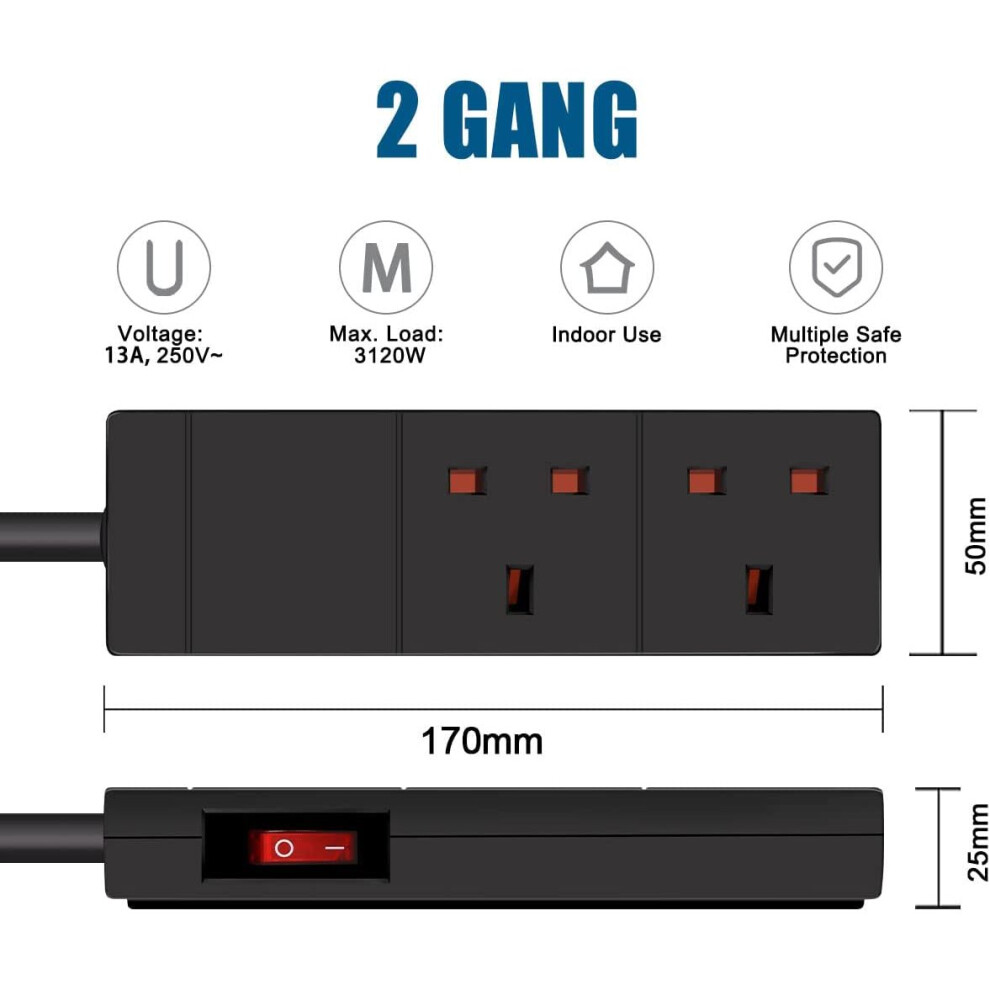 EXTRASTAR 2 Gang Extension Lead w/ LED Indicator and Side Switch Black, 1M Extension Cord 13A UK Plug