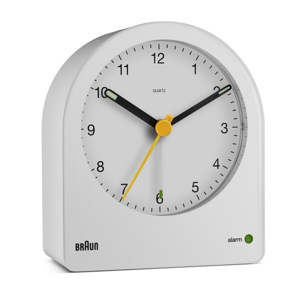 Braun Classic Analogue Alarm Clock, Snooze and Continuous Backlight, White, BC22W