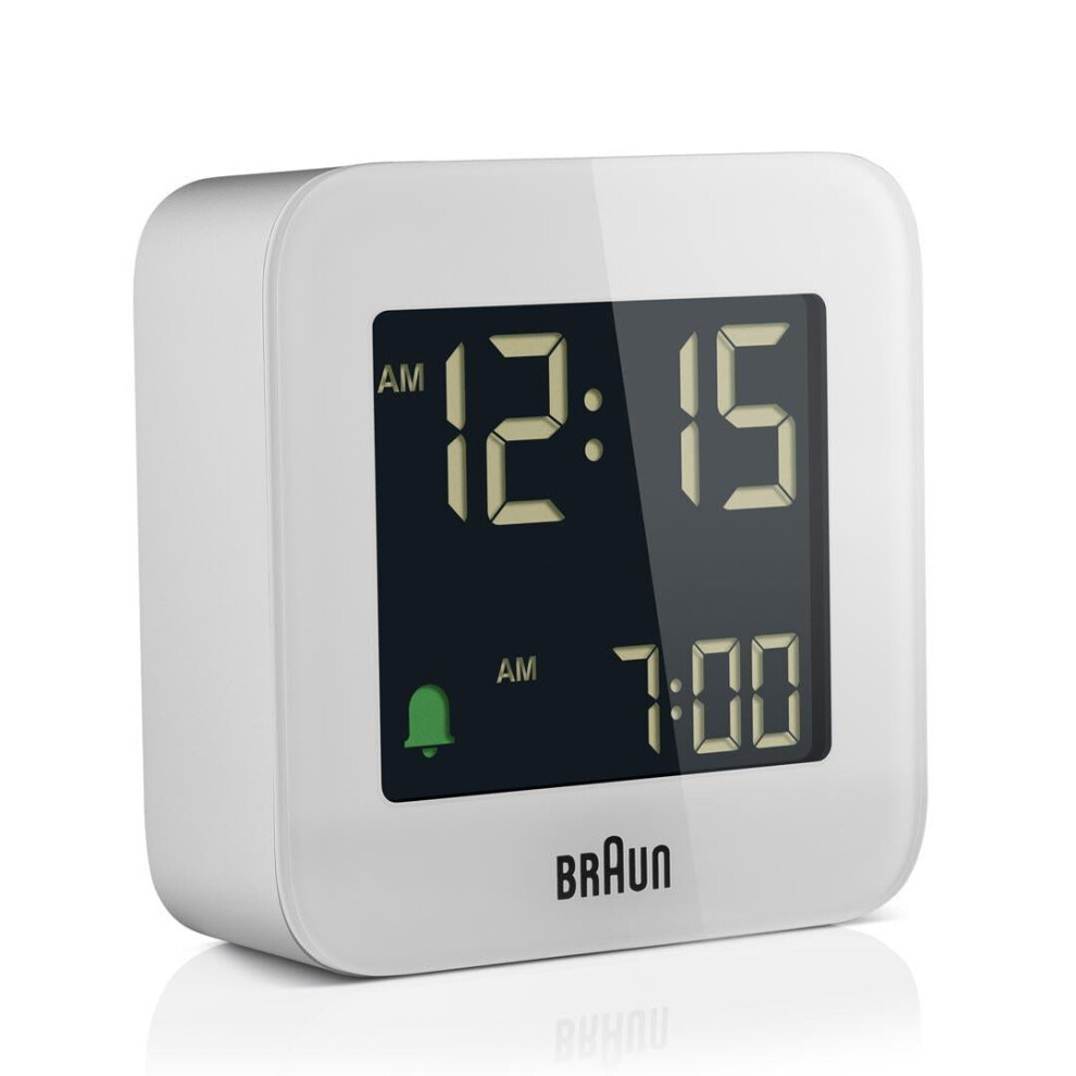 Braun Digital Travel Alarm Clock with Snooze, Compact Size, White, BC08W