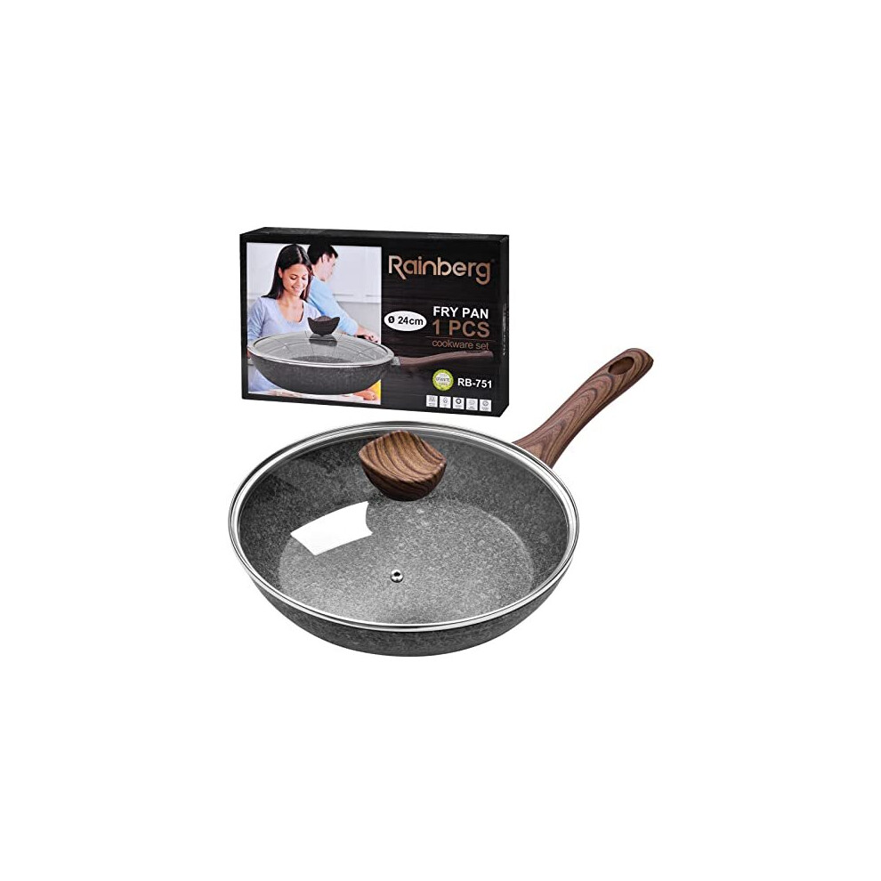 Rainberg 24CM Frying Pan, Frying Pan With Lid, Granite Frying Pan Nonstick, Nonstick Frying Pans With Lid, Stone Frying Pan With Lid, Induct