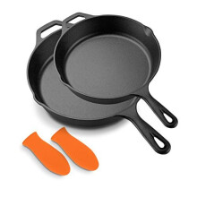 NutriChef NCCI2PCS 10" & 12" Kitchen Frying Pan Nonstick Cookware Set w/Drip Spout Pre-Seasoned Cast Iron Skillet, Aluminum, Ceramic