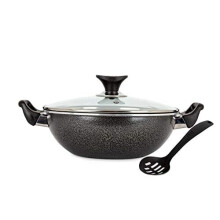32cm Black Non Stick Cooking Aluminium Wok Deep Frying Pan Dual Handle Glass Lid with Ladle - Induction Compatible