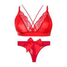 (red, M) Bra Set Sexy Lace Thin Thong Bow Erotic Panties