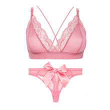 (pink, S) Bra Set Sexy Lace Thin Thong Bow Erotic Panties