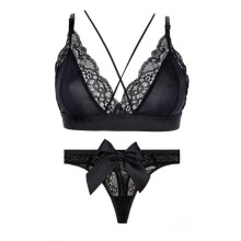 (black, XL) Bra Set Sexy Lace Thin Thong Bow Erotic Panties